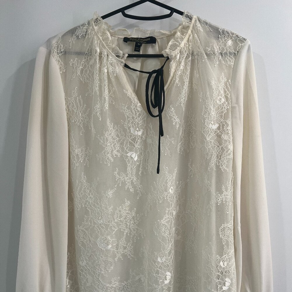 Juicy Couture Black Label Ivory Floral Lace Tie-Neck Blouse - XS